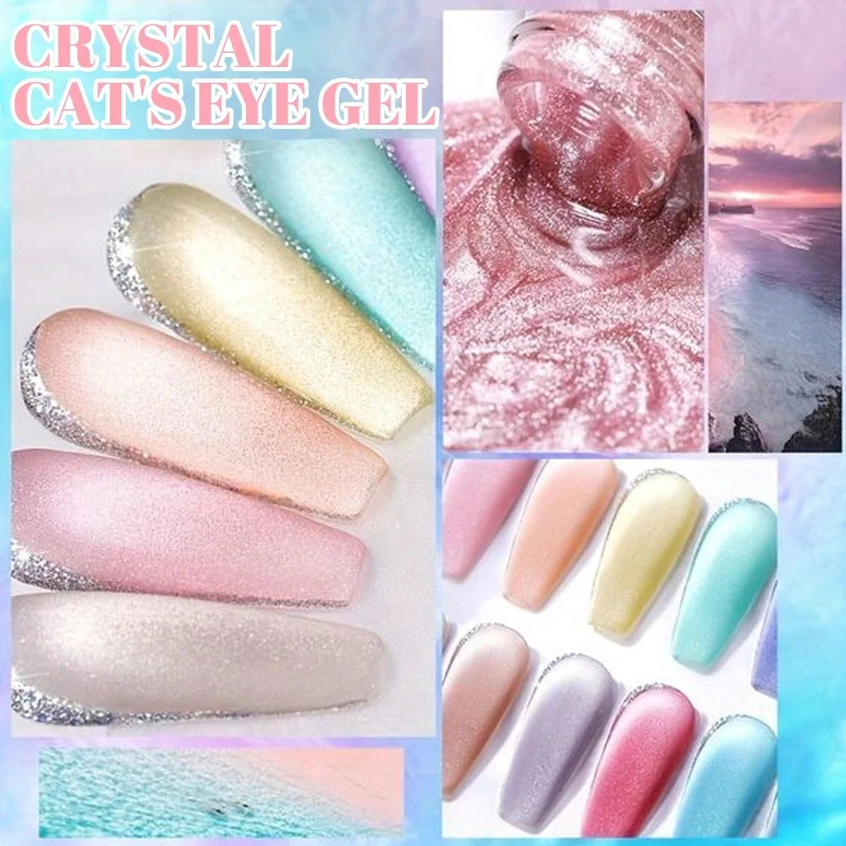 6pc Glitter Cat Magnetic Nail Gel Polish Set Cat Eye Holographic Reflective Semi Permanent UV Gel Soak Off Sparkling Nail Art