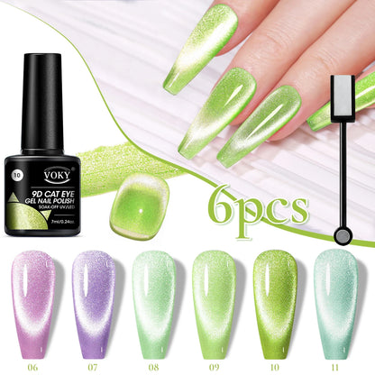 6pc Glitter Cat Magnetic Nail Gel Polish Set Cat Eye Holographic Reflective Semi Permanent UV Gel Soak Off Sparkling Nail Art